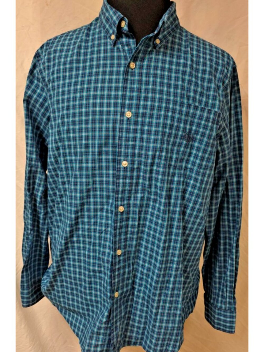 Chaps Easy Care Mens XL Bright Blue Teal Plaid Long Sleeve Button Logo Shirt